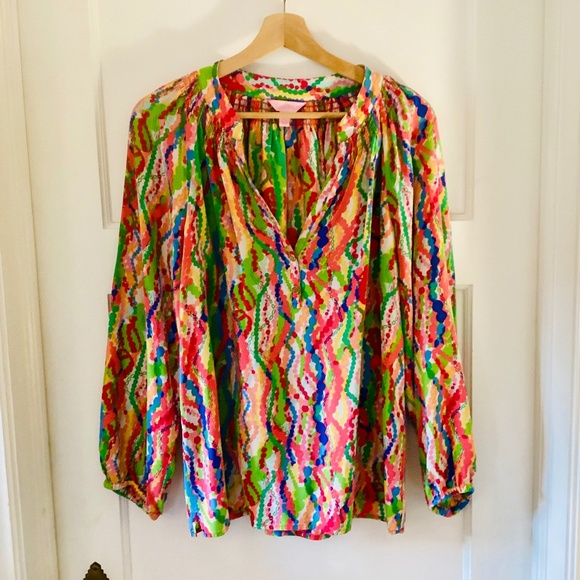 Lilly Pulitzer Multicolor 100% Silk Top Blouse Size L Peasant Balloon Sleeve - Picture 1 of 16